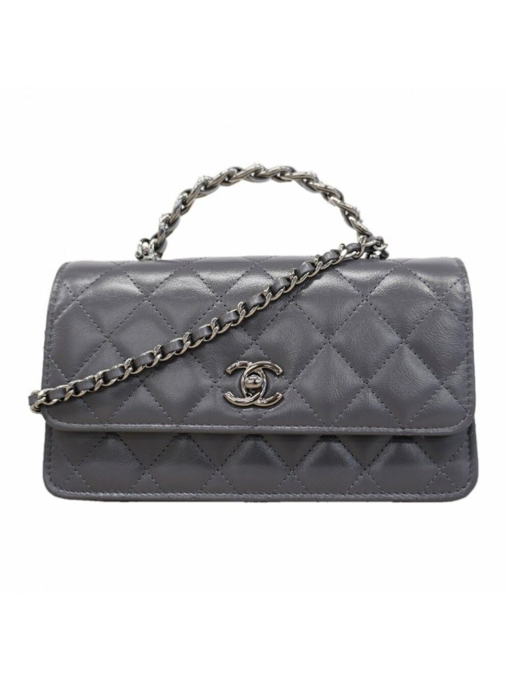 Chanel Handbag Quilted Lambskin Gray Silver 2-Way